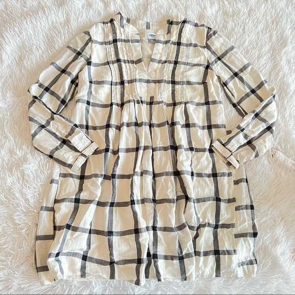 Cream & Black Grid Check Ruched V-Neck Long Sleeve Peasant Dress - Picture 7 of 15